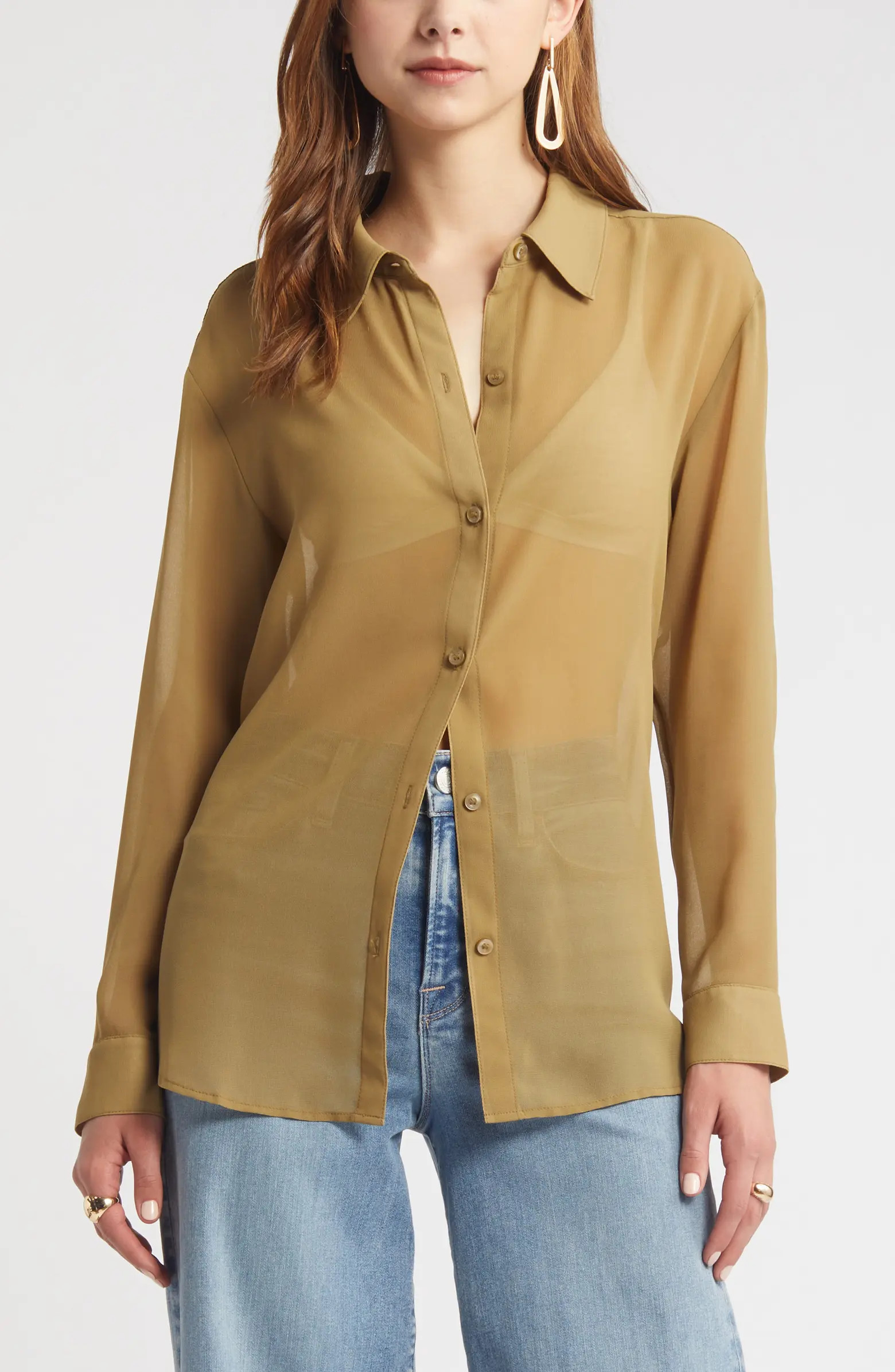 Open Edit Sheer Button-Up Shirt | Nordstrom | Nordstrom