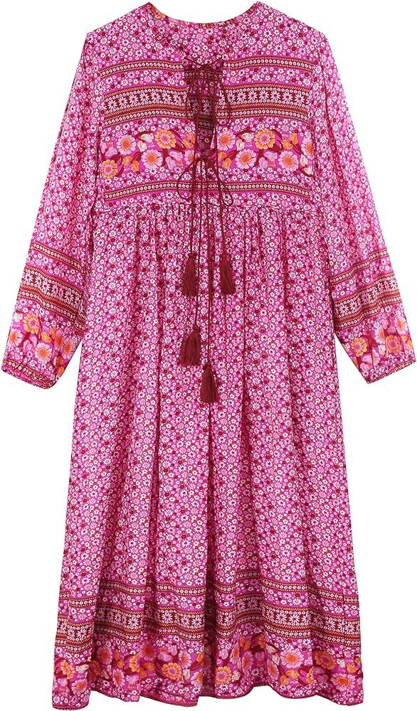 Boho Maxi Dresses for Women Casual Summer, Cotton Long Sleeve Floral Print Tassel Bohemian Midi D... | Amazon (US)