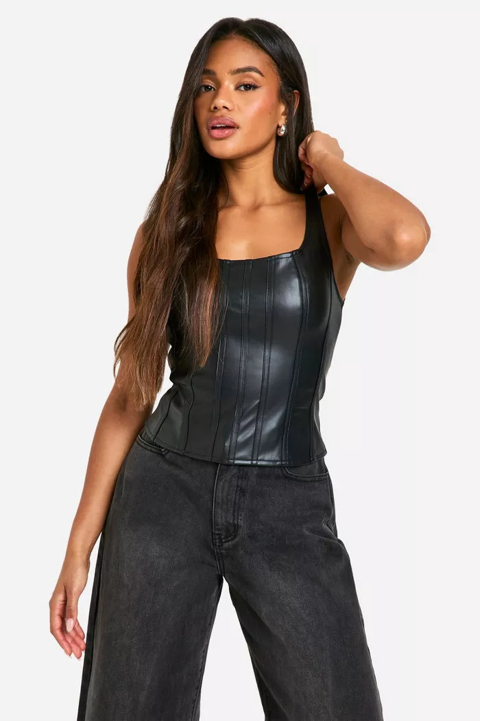Faux Leather Zip Through Square Neck Corset | Boohoo.com (UK & IE)