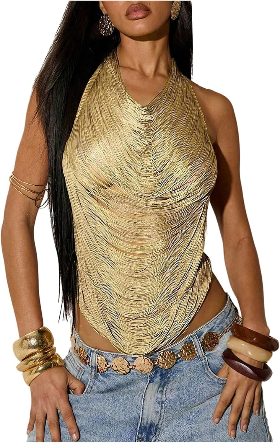 Floerns Women's Fringe Trim Halter Tops Tie Backless Party Going Out Tank Tops | Amazon (US)