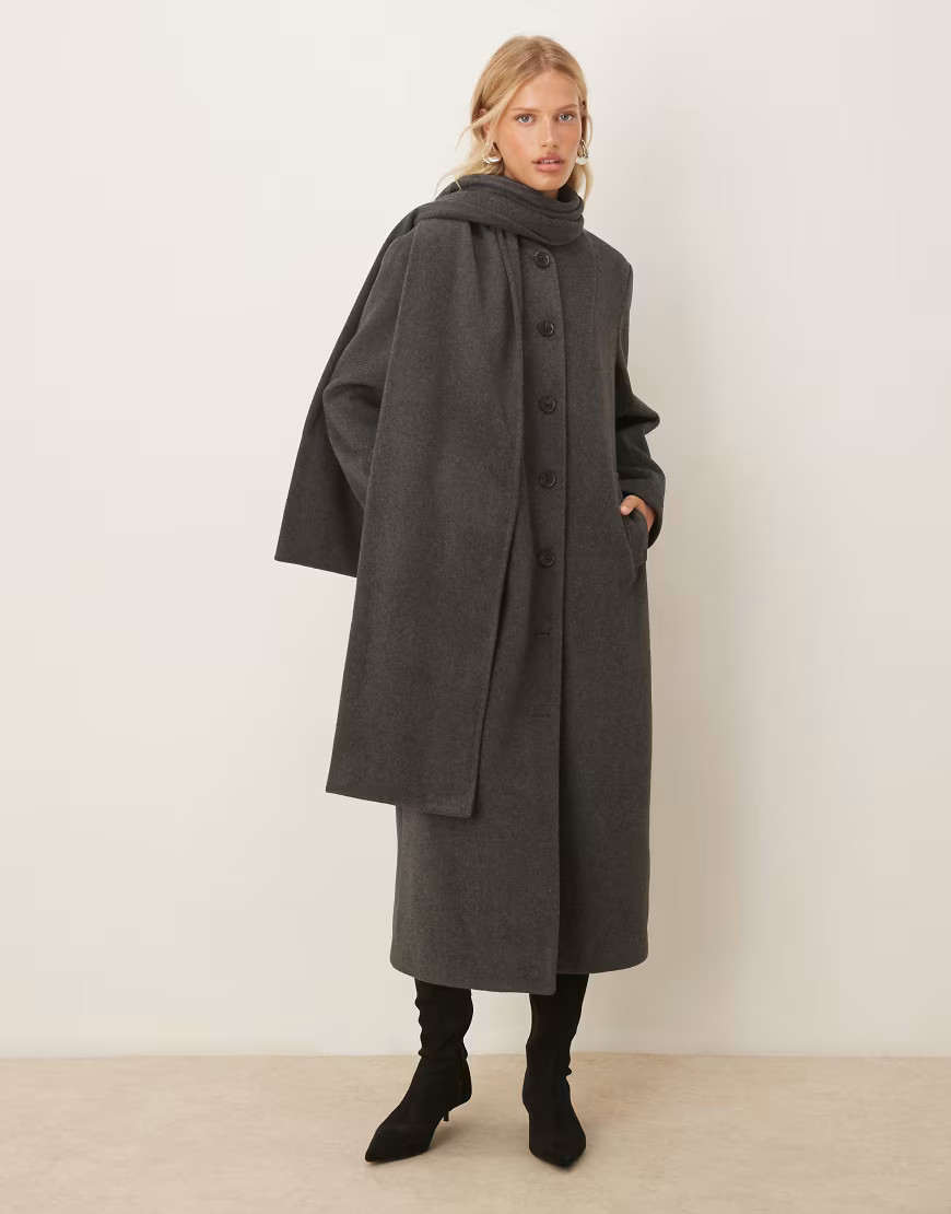 Pretty Lavish scarf neck overcoat in charcoal-Grey | ASOS (Global)