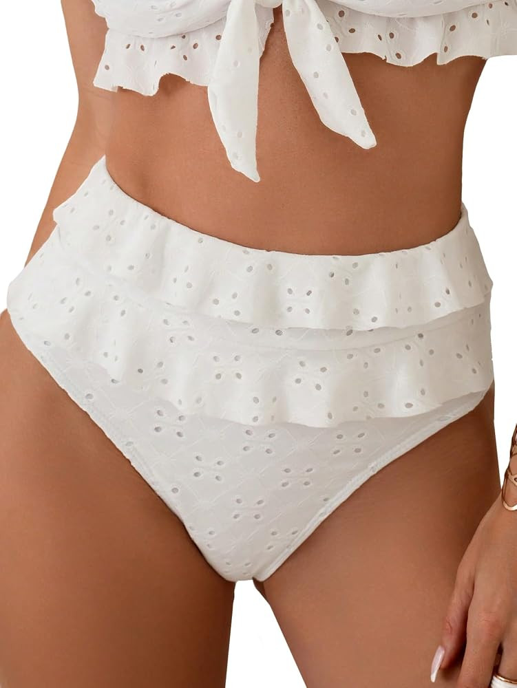 WDIRARA Women's Eyelet Embroidery Ruffle Hem Tiered Layer High Rise Swimwear Bottom Only | Amazon (US)
