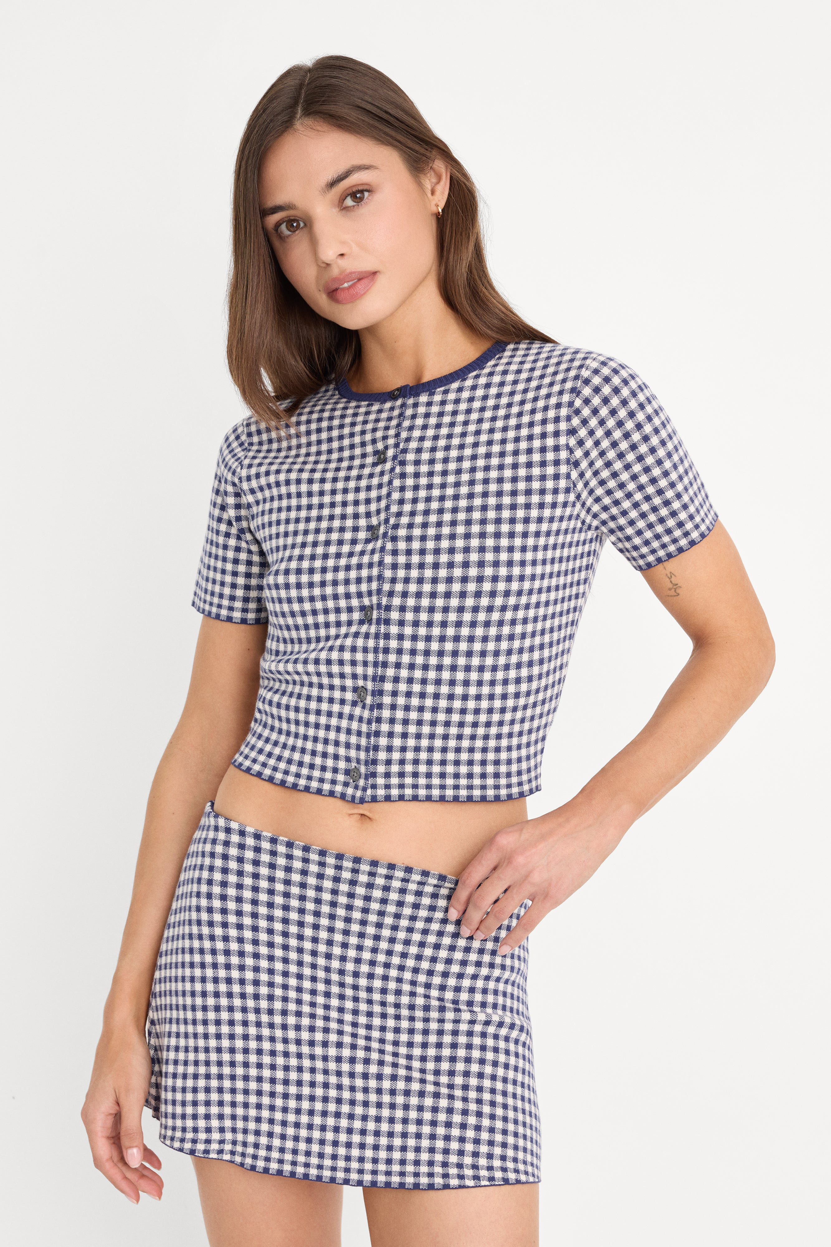 THE KEEPSAKE CARDIGAN | NAVY GINGHAM | Good American