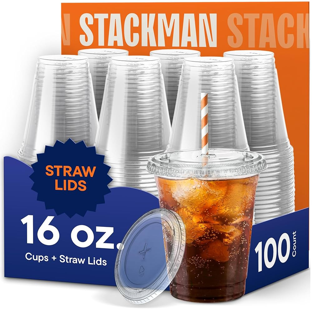 16 oz Clear Plastic Cups with Straw-Slot Lids [100 Sets] PET Crystal Clear Disposable Cups with L... | Amazon (US)