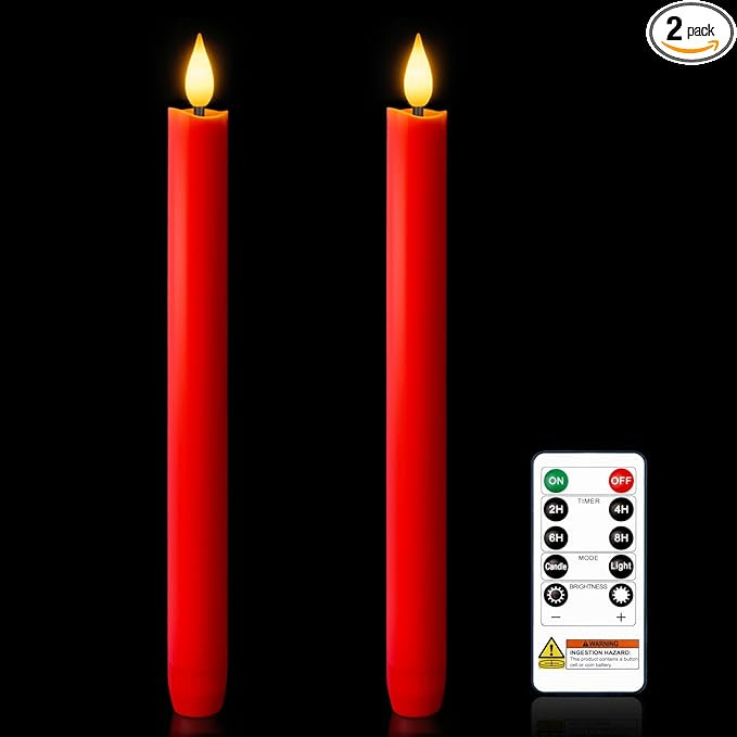 Homemory 2 Pcs Real Wax Made Red Flameless Taper Candles with Remote and Timer, 9.6" Battery Oper... | Amazon (US)