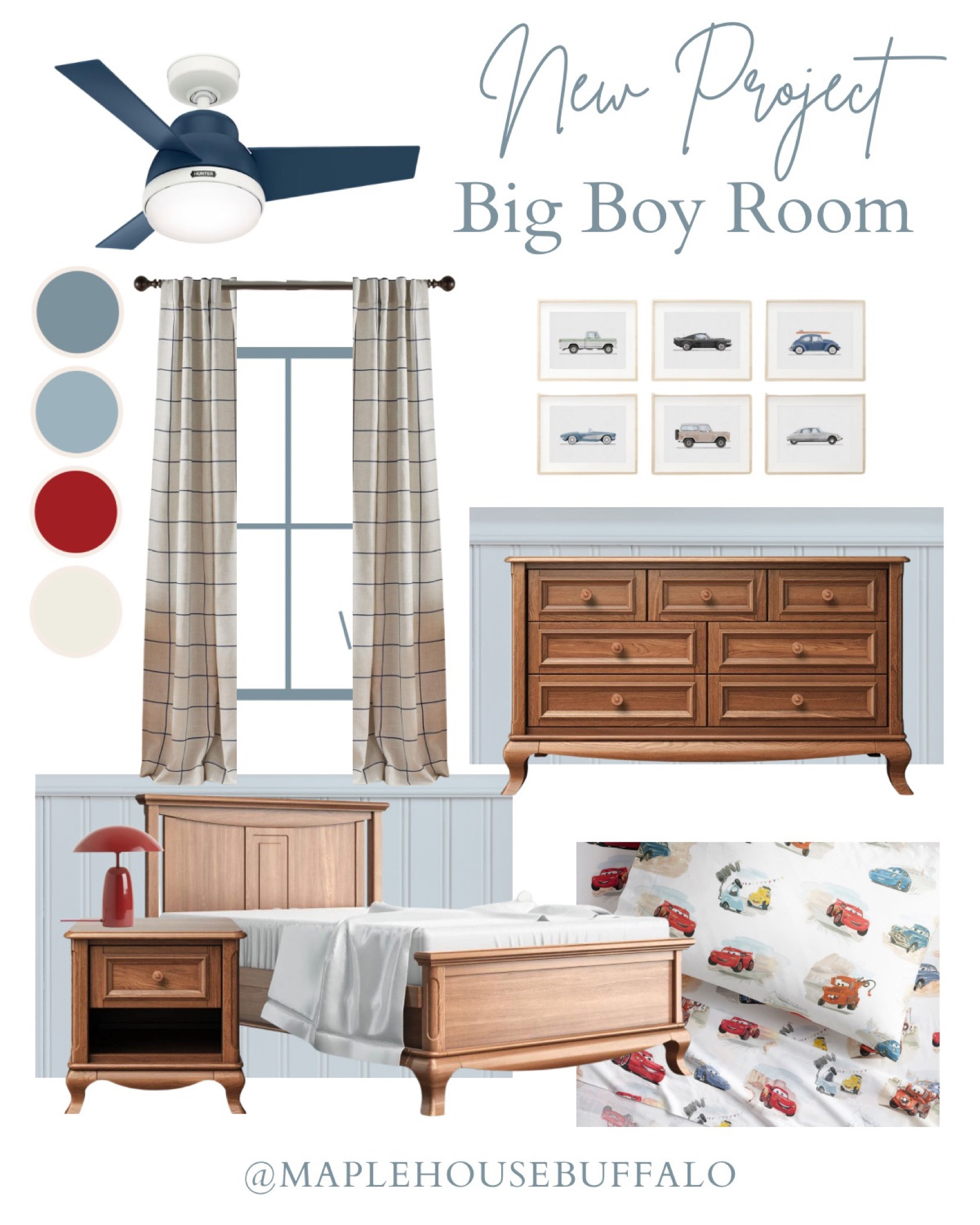 Our latest project - a big boy room refresh for our oldest son! He chose the color palette and theme - cars! 
I’m honored and excited to be partnering with Lowe’s, Hunter Fan Company, Samplize and Romina Furniture for this project!

#LTKKids #LTKSaleAlert #LTKHome
