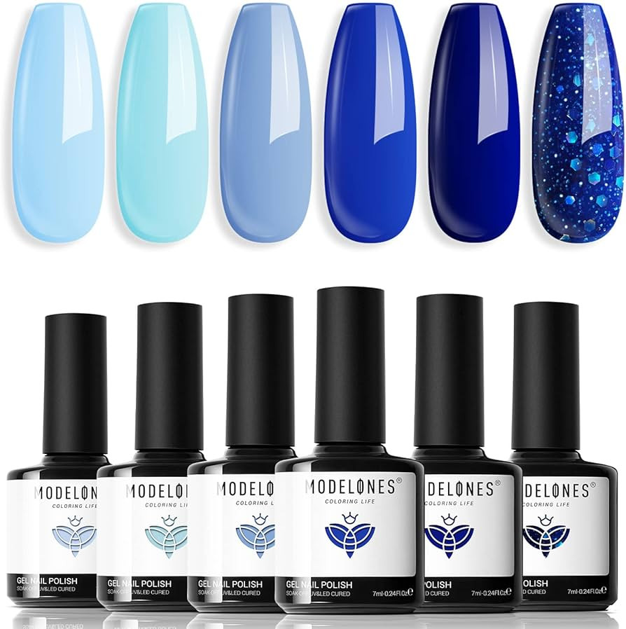 modelones Blue Gel Nail Polish Set 6 Colors, Royal Blue Sky Blue Glitter Navy Blue Nail Gel Polis... | Amazon (US)