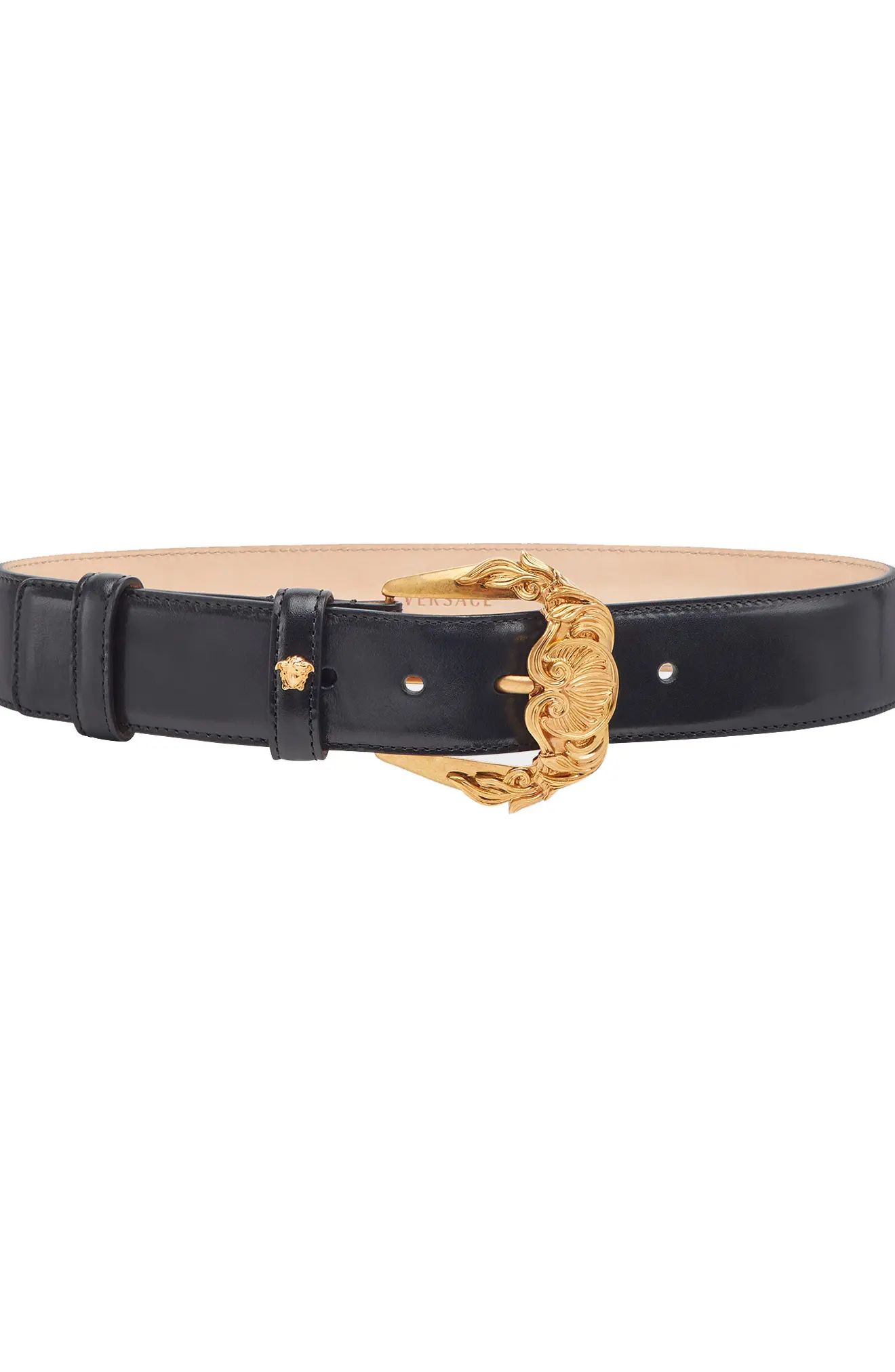 Women's Versace First Line Baroque Buckle Leather Belt, Size 80 - Nero/ Gold Tribute | Nordstrom