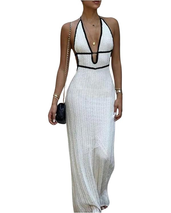 GORGLITTER Women's Deep V Halter Knit Boho Maxi Dress Backless Crochet Birthday Fall Wedding Gues... | Amazon (US)