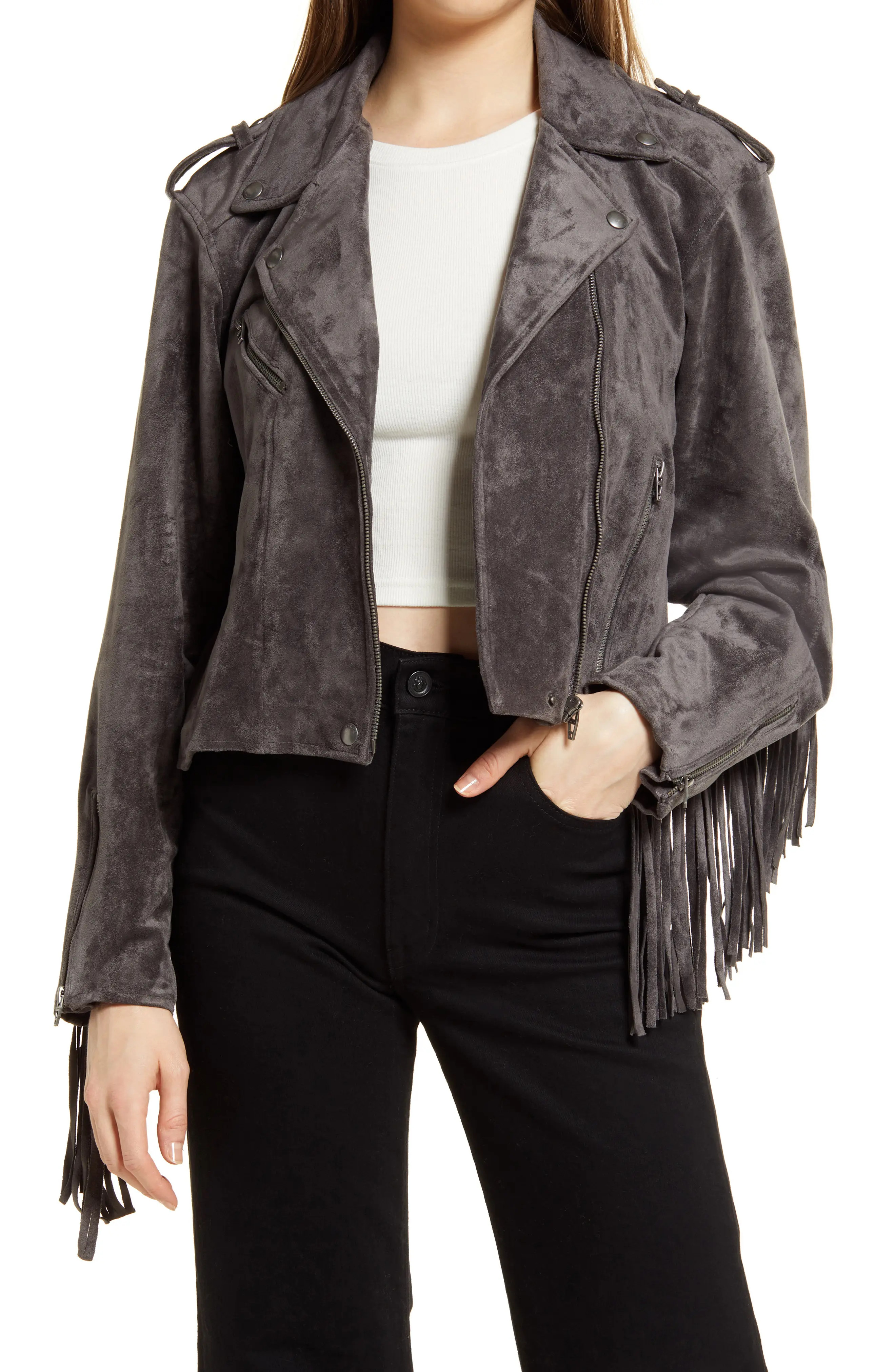 BLANKNYC Faux Suede Fringe Moto Jacket in Midnight Rider at Nordstrom, Size X-Large | Nordstrom
