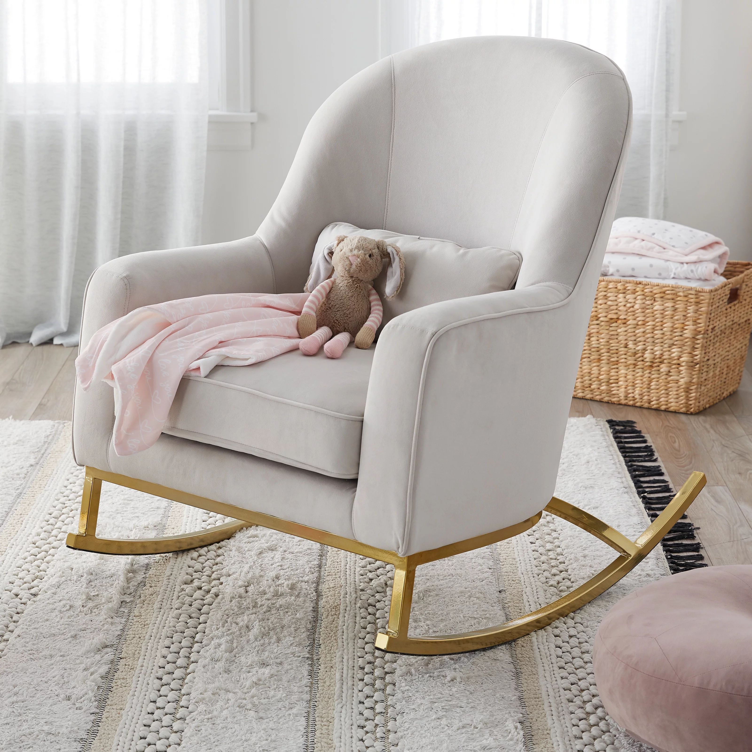 MoDRN Glam Velvet Rocking Chair, Off-White with Satin Brass, Lumbar Pillow Included | Walmart (US)