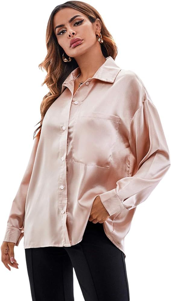 SOLY HUX Women's Satin Silk Long Sleeve Button Down Shirt Formal Work Blouse Top | Amazon (US)