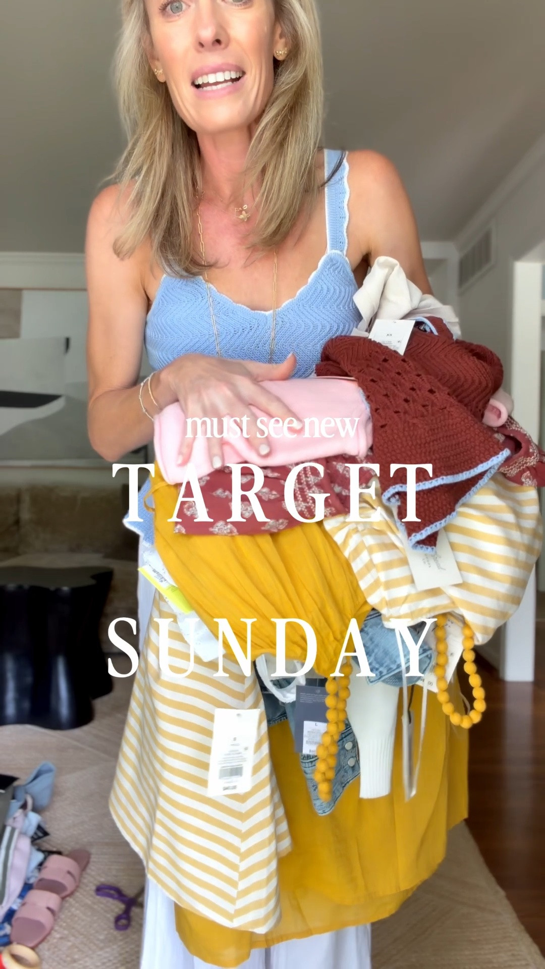 Ahh!!! So good!!

Sizing //
Small knit tanks 
Small sweater top 
L denim shirt ( size up 1/2 for length and slouch )
Small linen pants 
Small striped dress
XS yellow dress ( oversized ) 
Small active tanks and skirt! I am watching for the matching crochet skort to launch!