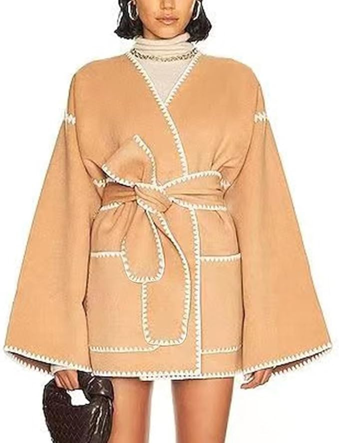 HOULENGS Women's Long Sleeve Wool Blend Trench Coats Open Front Contrast Peacoat Belted Jacket Ou... | Amazon (US)