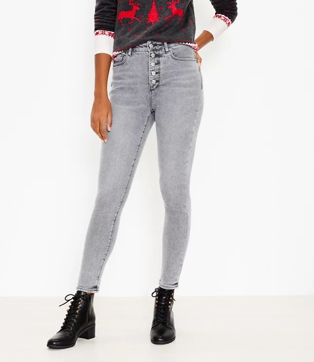 Button Front High Rise Skinny Jeans in Vintage Grey Wash | LOFT