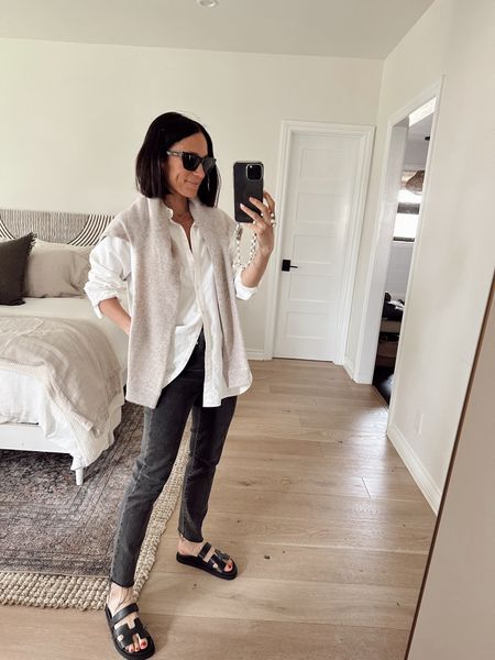 Today’s outfit 
Oversized white button down is the best- perfectly oversized and not see through- wearing a size 2 
Slides run tts and comfortable 

#LTKover40