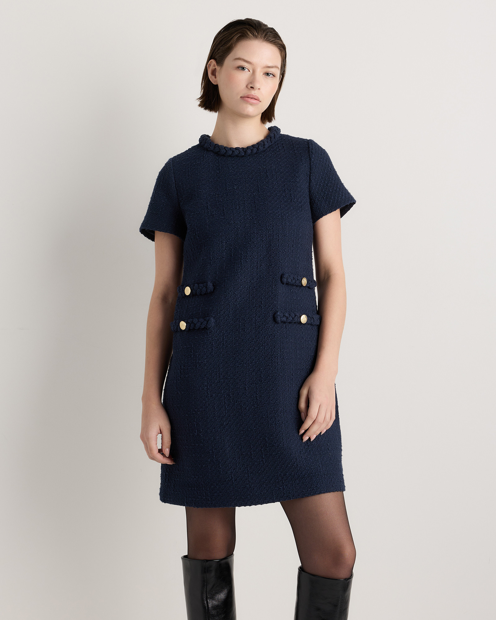 Quince | Women's Tweed Short Sleeve Mini Dress in Deep Navy, Size Small, Organic Cotton | Quince