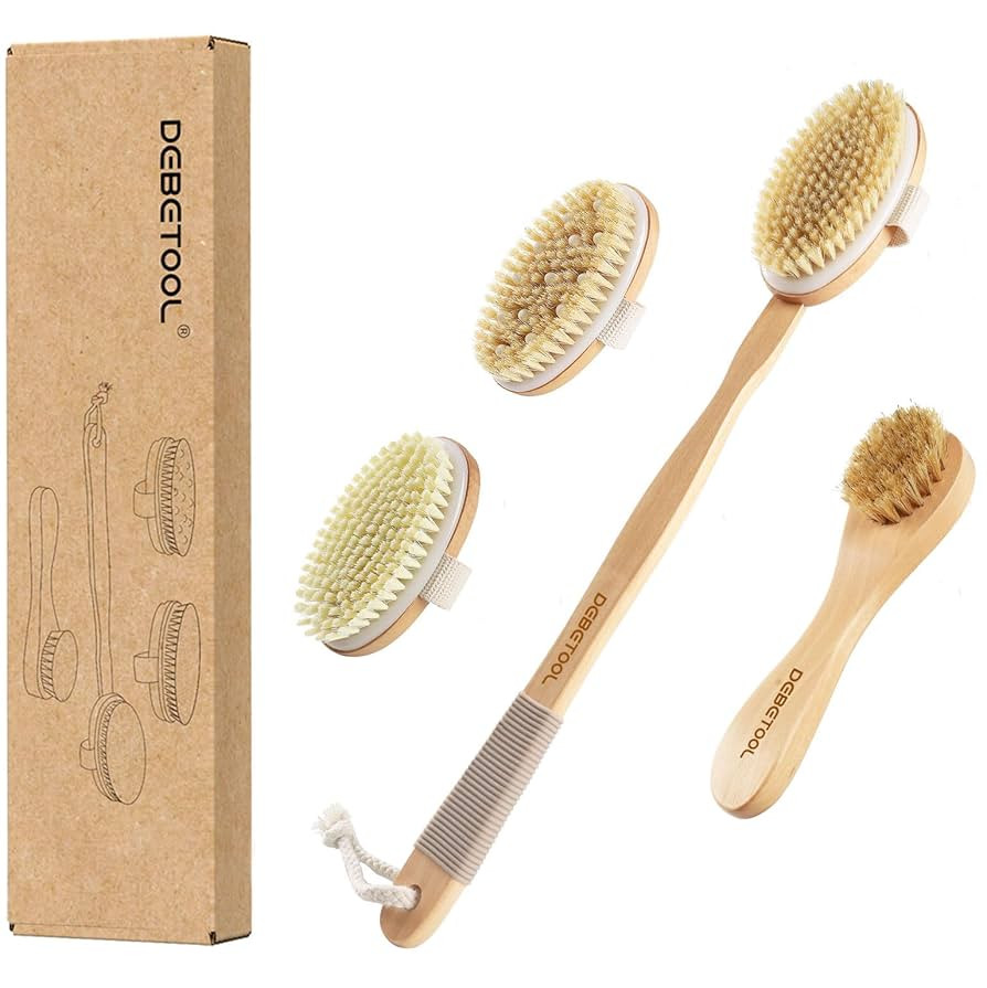Dry Brushing Set - Natural Boar Bristle Body & Face Brush, Wooden Long Handle Scrub Brush for Cel... | Amazon (US)