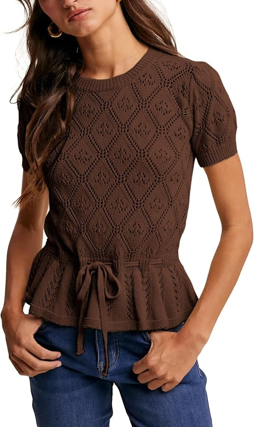 Bianstore Womens Casual Short Sleeve Crochet Knit Sweater Lightweight Hollow Out Tie Front Peplum... | Amazon (US)