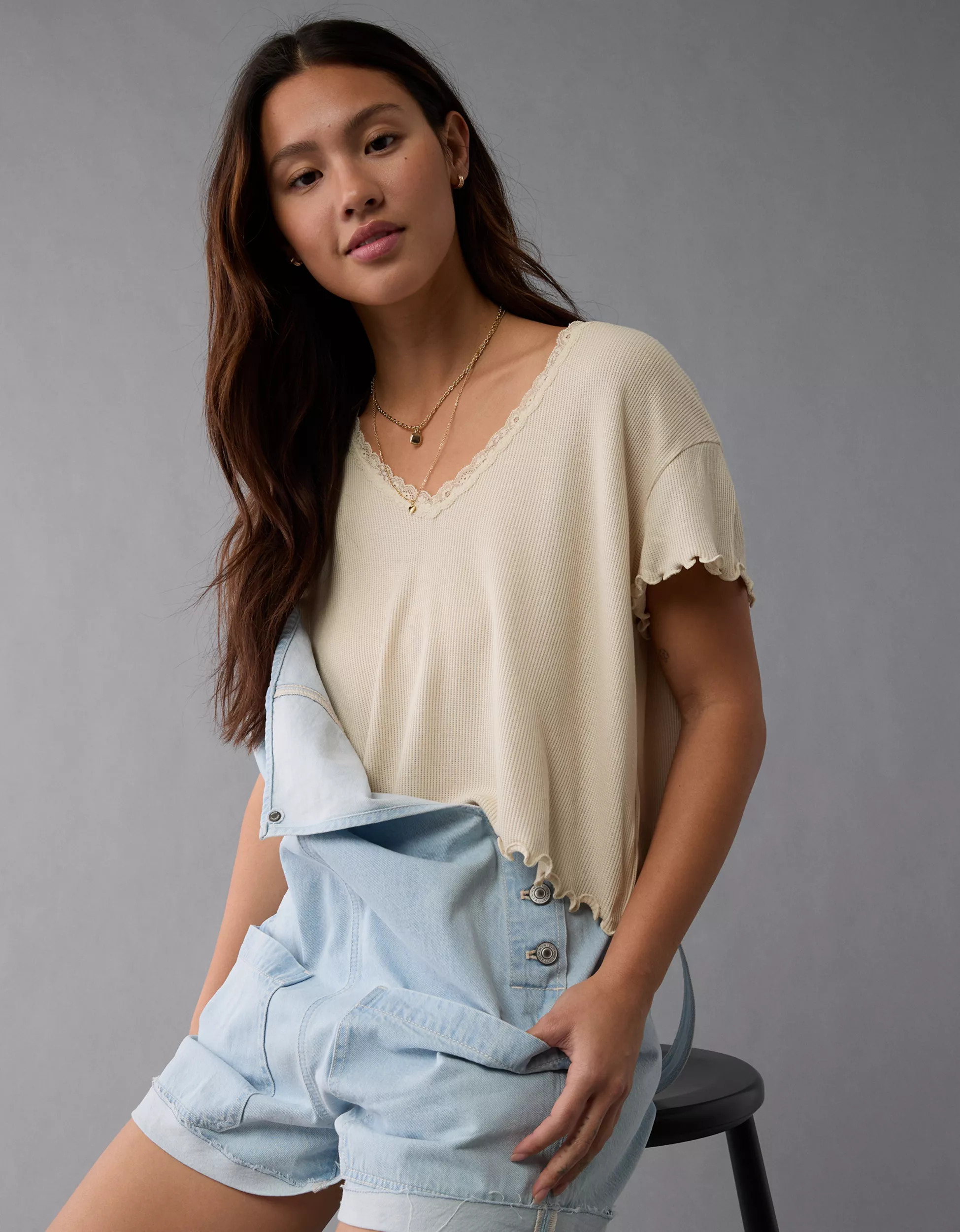 AE Soft & Sexy V-Neck Cropped Waffle T-Shirt | American Eagle Outfitters (US & CA)
