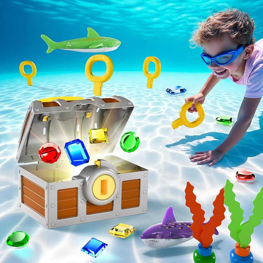 Funscape Kids Diving Pool Toy, Large Treasure Chest Water Dive Game W/Keys Gems Fish, Toddler Out... | Amazon (US)