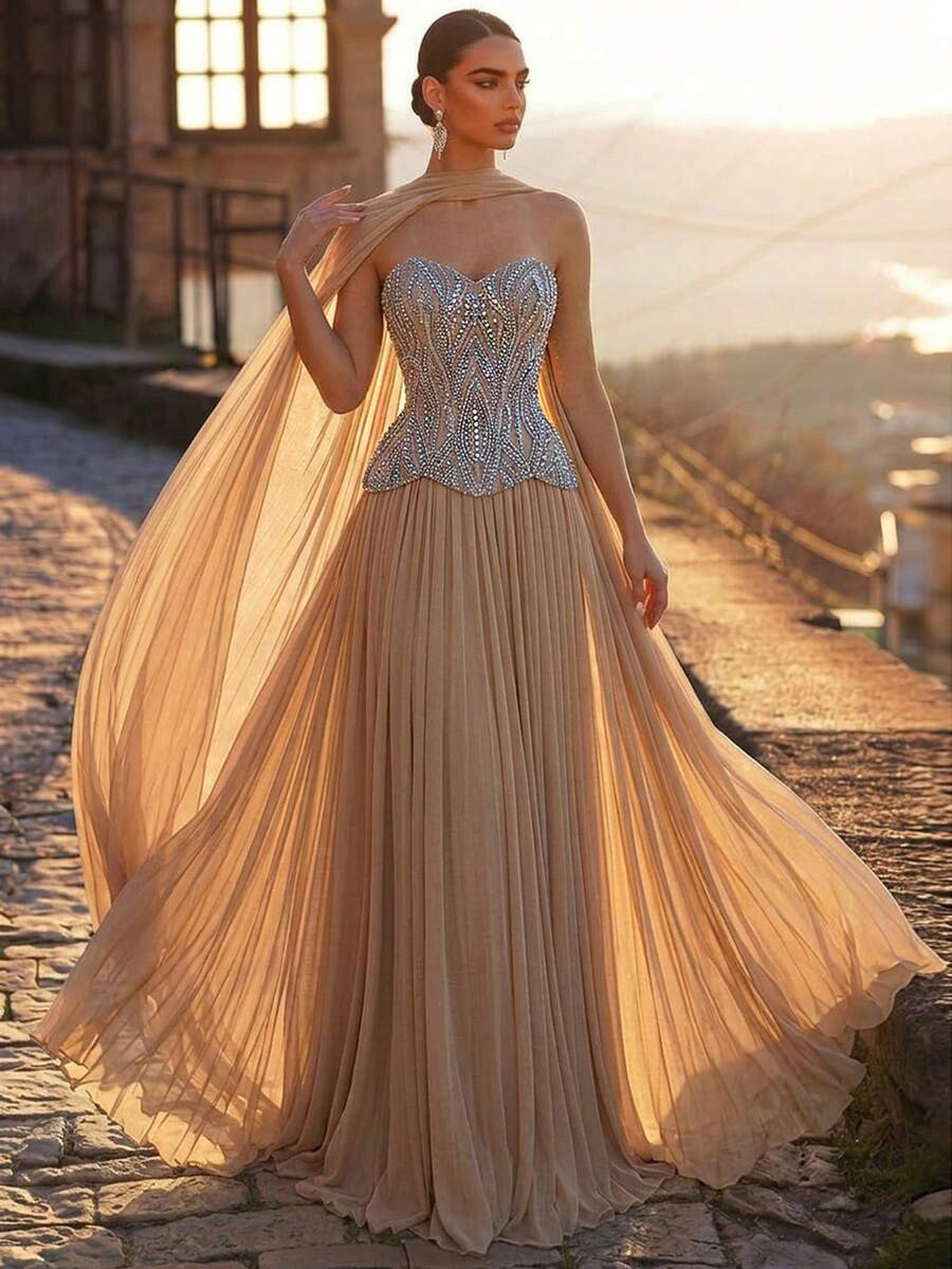 Glamrae Elegant Luxurious Apricot Satin Beaded Sequin Embroidered Mesh Splice Elastic Knit Ruched... | SHEIN