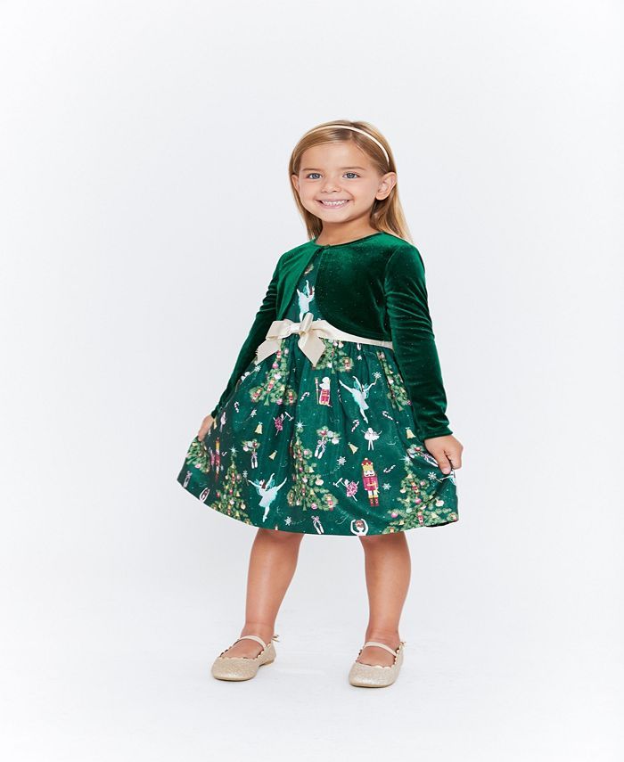 Toddler Girls Shantung Nutcracker Print Dress with Bow and Velvet Cardigan Set | Macys (US)
