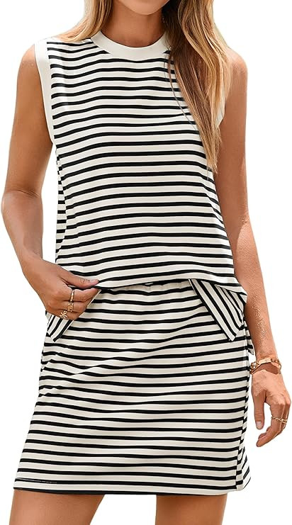 Glamaker Summer 2 Piece Short Skirt Sets For Women Striped Sleeveless Tennis Skorts Travel Vacati... | Amazon (US)