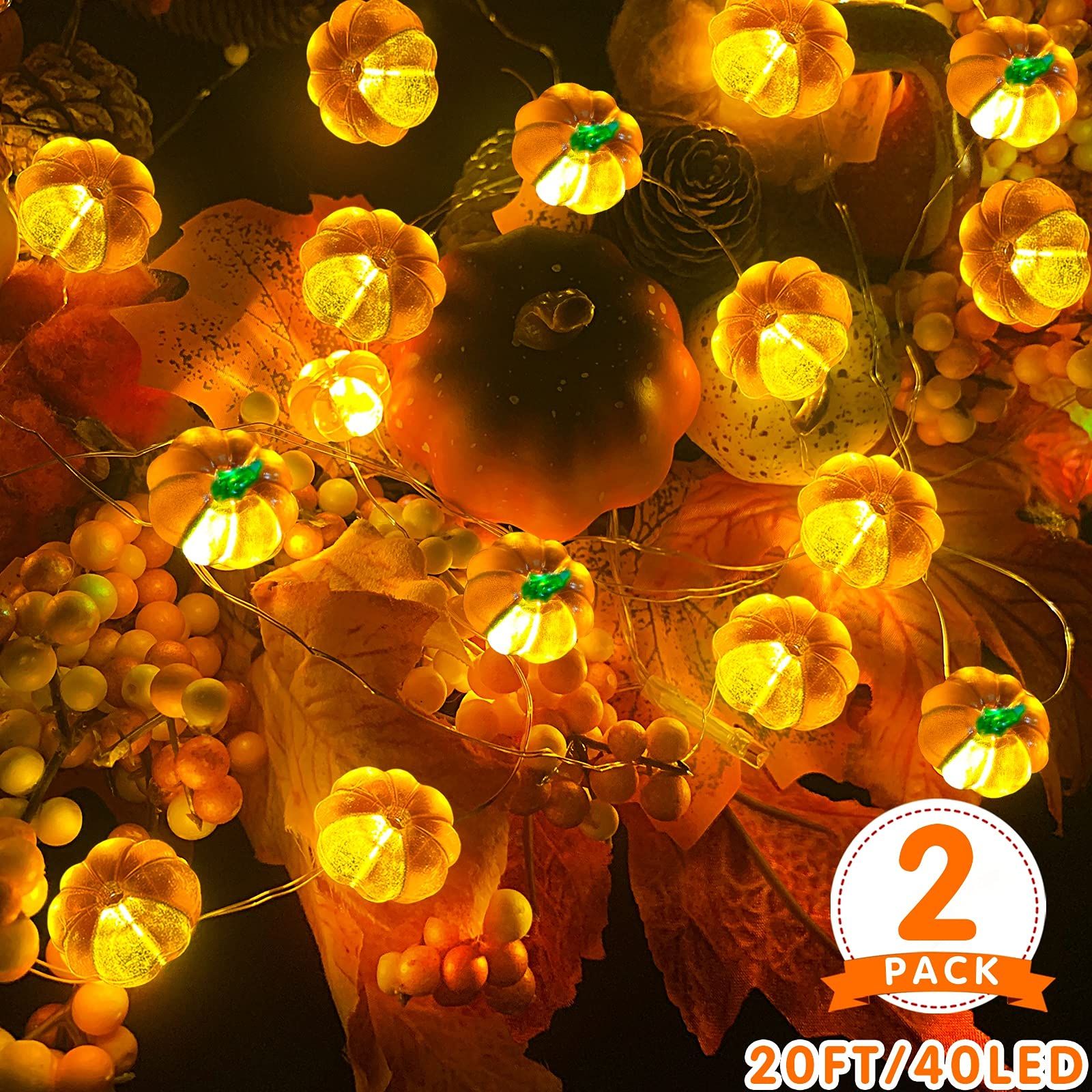 TURNMEON 2 Pack 3D Thanksgiving Pumpkin Lights Fall Garland Decor, Total 20Ft 40 LED Warm White Ligh | Amazon (US)