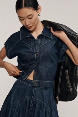 Maeve Denim Short Sleeve Crop Button-Front Top | Anthropologie (US)