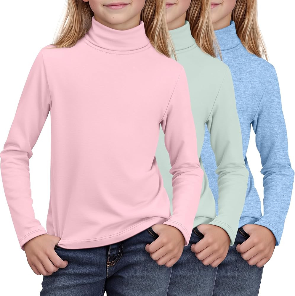 3 Pack Girls Turtleneck Long Sleeve Pullover T-Shirt Soft Warm Stretch Kids Basic Turtle Neck Top... | Amazon (US)