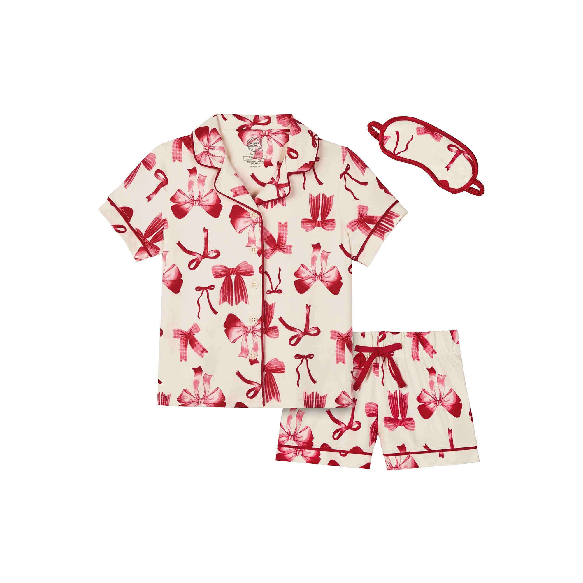 Wonder Nation Girls Short Sleeve Button Front Pajama Top and Shorts Set with Eyemask, 3-Piece, Si... | Walmart (US)