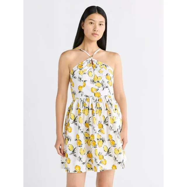 Free Assembly Women's Sleeveless Halter Fit and Flare Cotton Mini Dress, XS-XXL | Walmart (US)