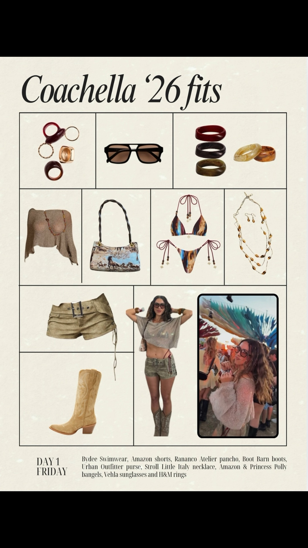 Coachella Day 1 🪭🌵🎶⚡️
Linked as much as I could! See description in bottom half of image for exact brands/shops. 

#festivalfashion #boho #coachella #concertinspo #bohooutfit 

#LTKSwim #LTKootd #LTKFestival