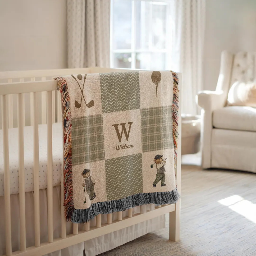 Personalized Initials Golf Nursery Blanket, Woven Cotton Baby Gift, Checkered Bear Decor, Baby Sh... | Etsy (US)