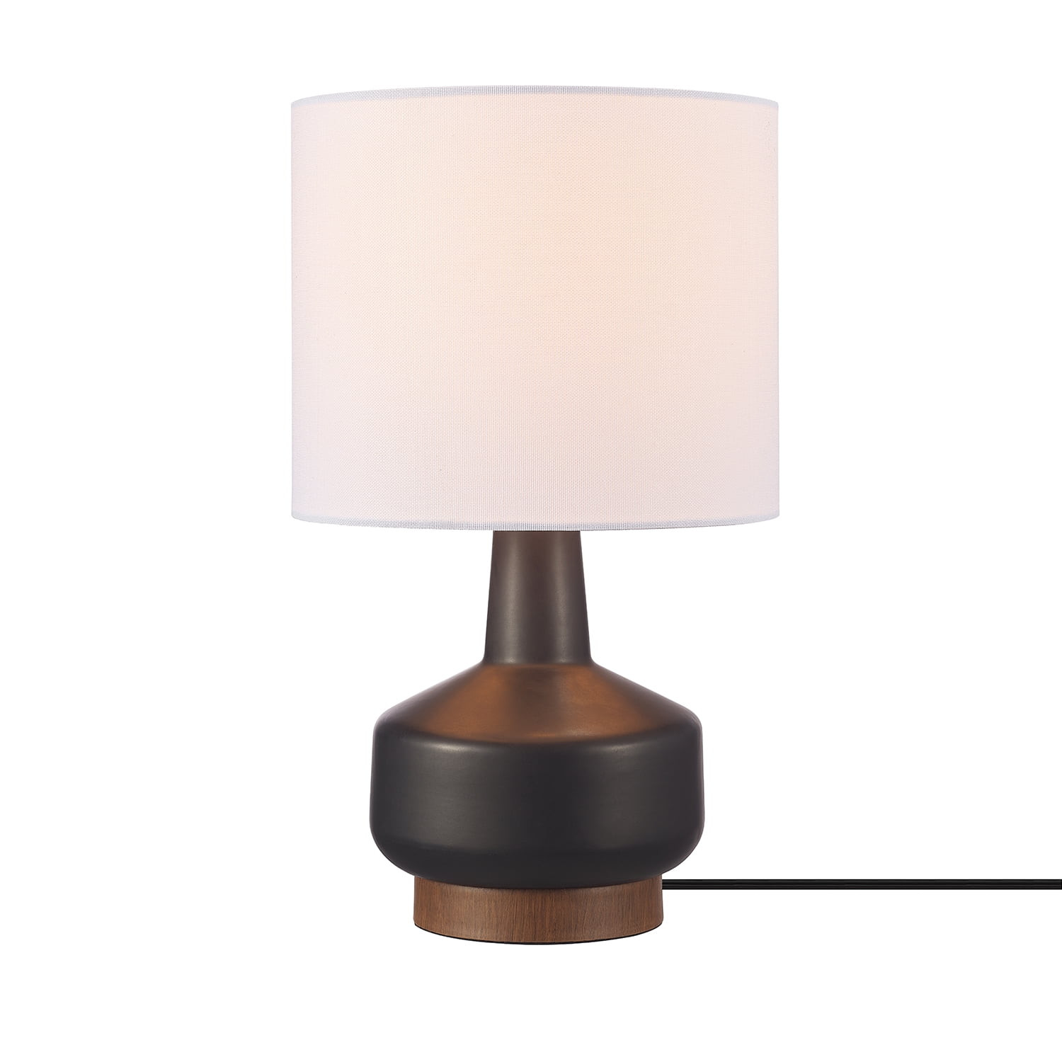 15" Matte Black Ceramic Table Lamp with Wood Toned Base and White Linen Shade | Walmart (US)