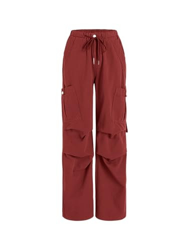 CIDER Women’s Cargo Jeans High Waisted Baggy Straight Wide Leg Ruched Pants: Carmine, S | Amazon (US)