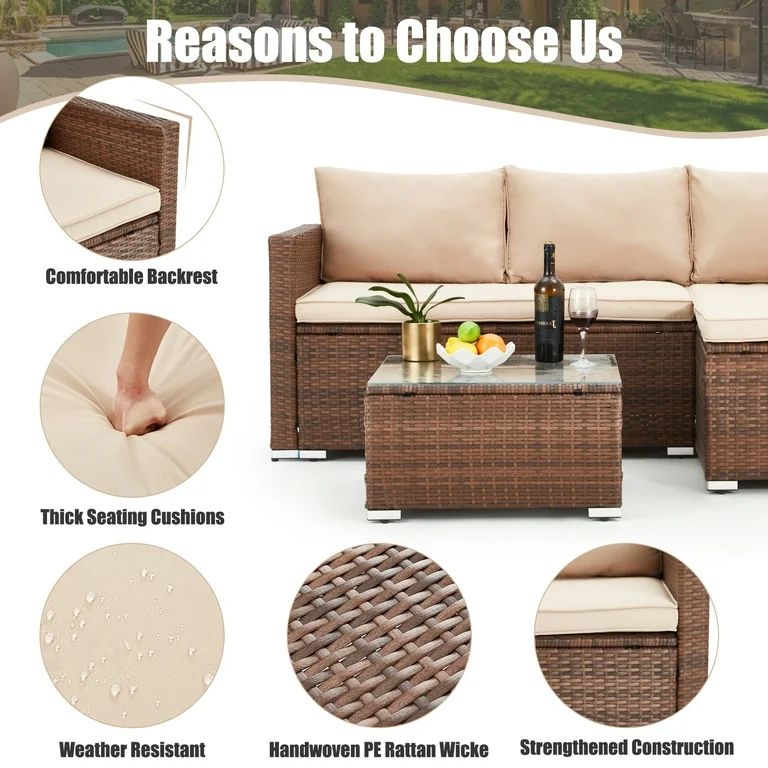 AVAWING 3PCS Patio Furniture Set, Outdoor Sectional Wicker Rattan Sofa Set for 3 People, Beige | Walmart (US)