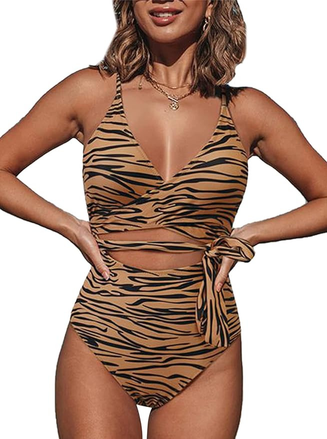 Hilinker Women's Cut Out One Piece Swimsuits V Neck Wrap Tie Bathing Suits | Amazon (US)