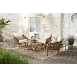 Hampton Bay Coral Vista 4-Piece Brown Wicker and Steel Patio Conversation Seating Set with Cushio... | The Home Depot