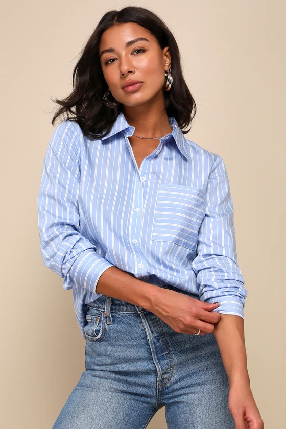 Vivacious Persona Blue and White Striped Collared Button-Up Top | Lulus