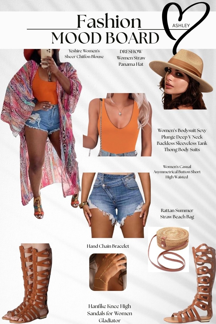Cute casual outfit! Perfect for vacation! Chiffon blouse, straw hat, high waisted shorts, orange bodysuit, straw purse, and brown gladiator sandals! 

#LTKTravel #LTKootd #LTKSeasonal