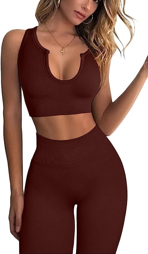 FAFOFA Workout Outfits for Women 2 Piece Ribbed Seamless Crop Tank High Waist Yoga Leggings Sets | Amazon (US)