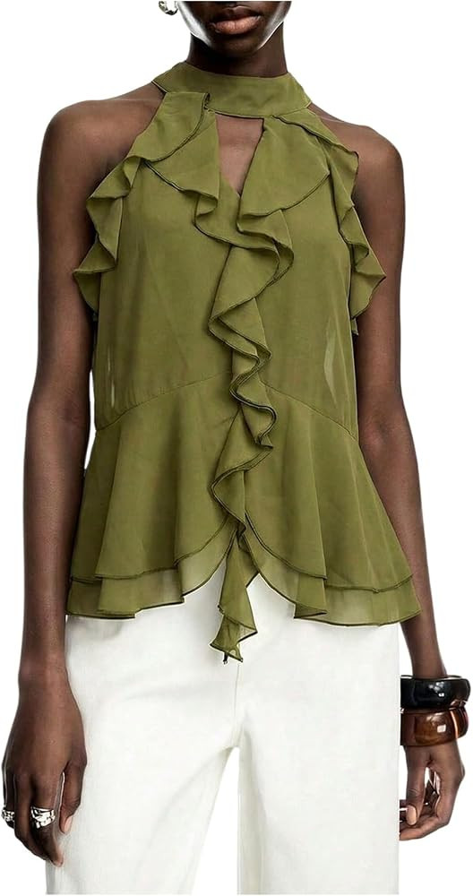 GORGLITTER Women's Ruffle Going Out Tops Y2k Halter Flowy Concert Outfits | Amazon (US)