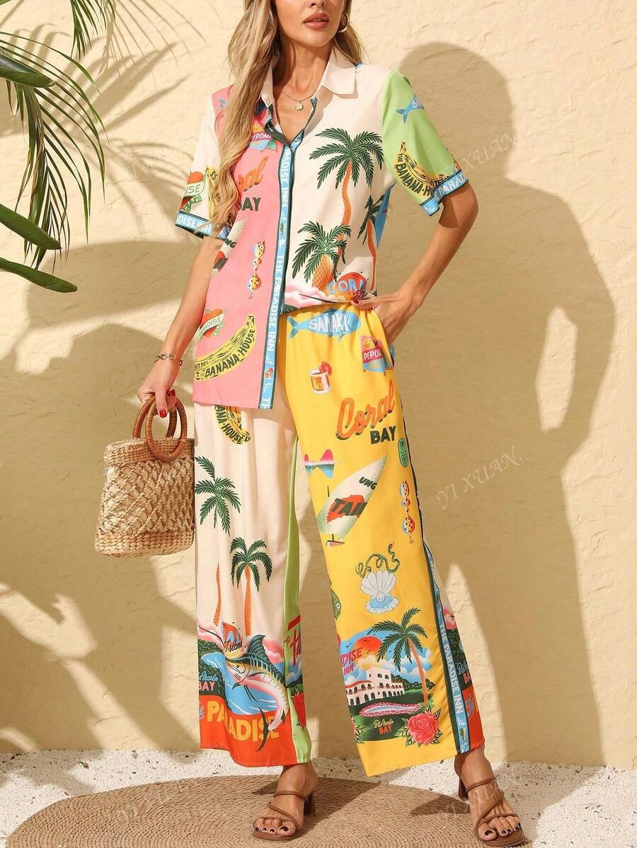 Women's Two Pieces Set, Boho Beach Palm Tree Print, Casual Top And Pants For Summer ,Suitable For... | SHEIN