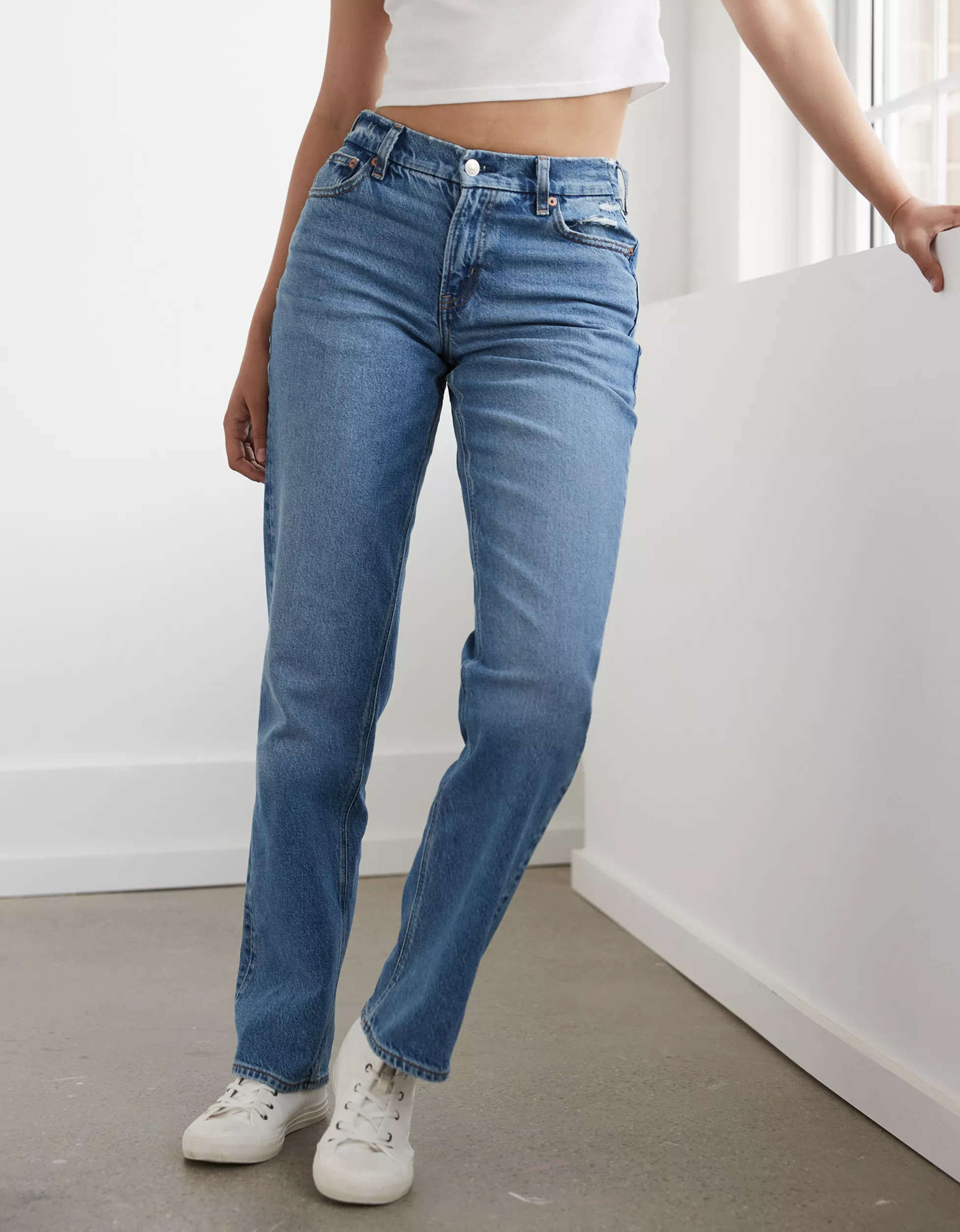 AE x The Ziegler Sisters Stretch Curvy High-Waisted Relaxed Straight Jean | American Eagle Outfitters (US & CA)
