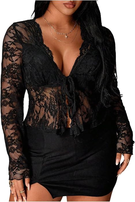 Floerns Women Plus Size Y2K Mesh Lace Long Sleeve Tie Going Out Crop Top | Amazon (US)