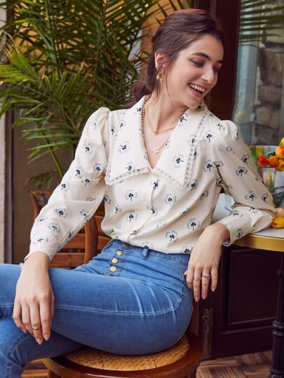 Simplee Button Front Lace Trim Floral Top | SHEIN