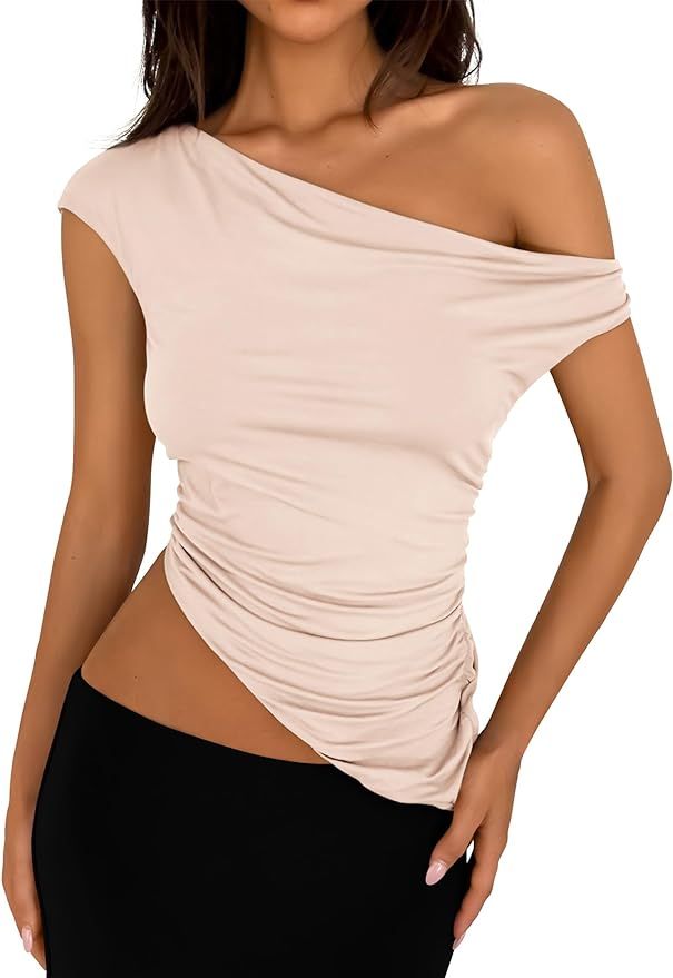 PRETTYGARDEN Womens 2024 Summer Off The Shoulder Sleeveless One Shoulder Ruched Asymmetrical Y2K ... | Amazon (US)