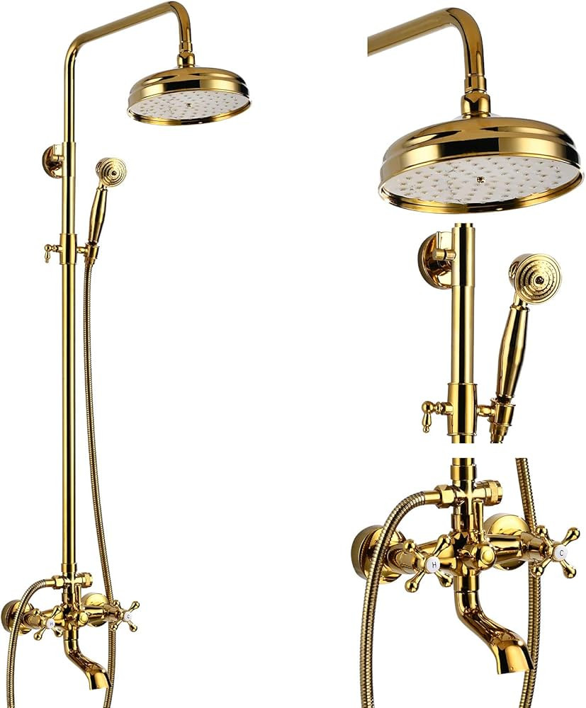 Gold Polished Shower Faucet Sets 8 Inch Rainfall Shower Head Bathtub 2 Cross Knobs Mixer Rain Sho... | Amazon (US)